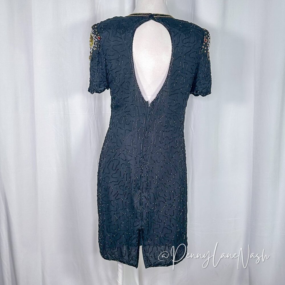 Laurence Kazar Vintage 80s Silk Bead-Sequin Dress Black - Picture 7 of 14